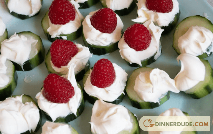 Cucumber flower with cream cheese and rasperries